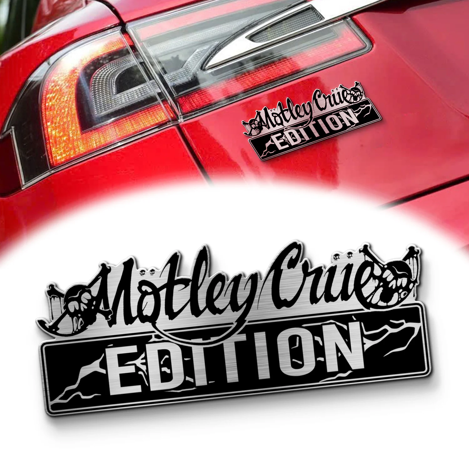 Mötley Crüe Edition Laser Engraved Car Name Emblem, Brushed Metal Badge for Car Rear, Silver