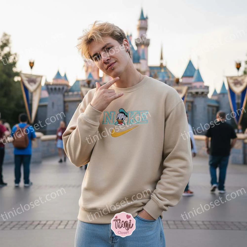 Vintage Donald Duck Embroidered Hoodie, Disney Character Apparel for Fans, Retro Nike Style Duck Embroidered Sweatshirt, Custom Disney Characters Birthday Gift