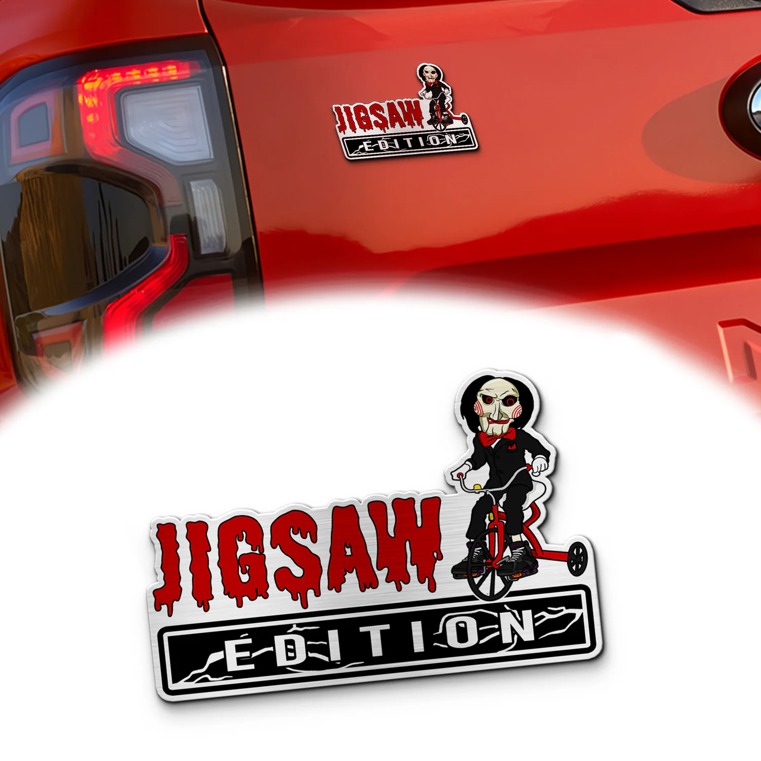 Jigsaw Laser Engraved Car Emblem, Custom Personalized Horror Movie Car Badge, Fits Most Vehicles