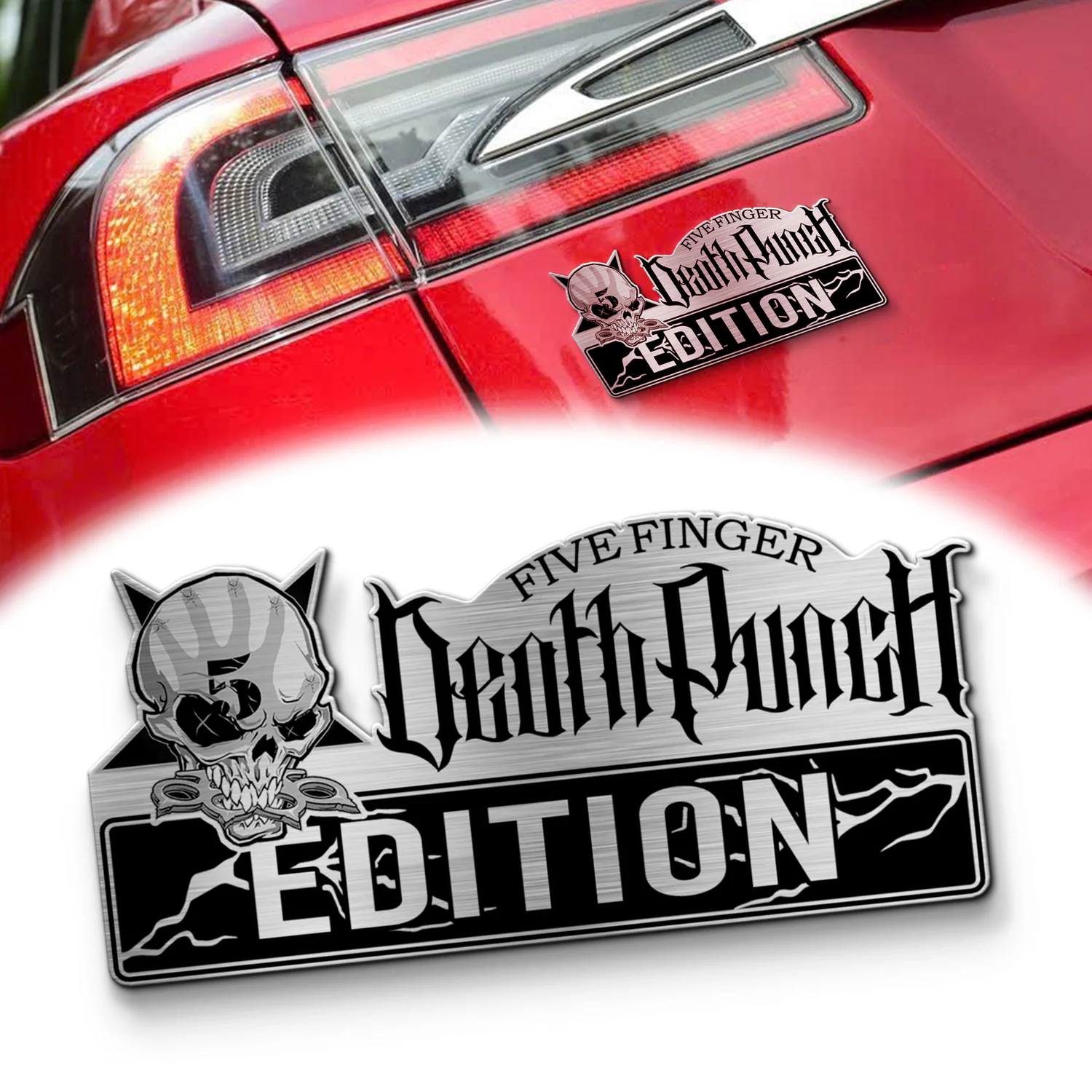 Five Finger Death Punch Edition Laser Engraved Car Name Emblem, Brushed Metal Badge for Car Rear, Silver