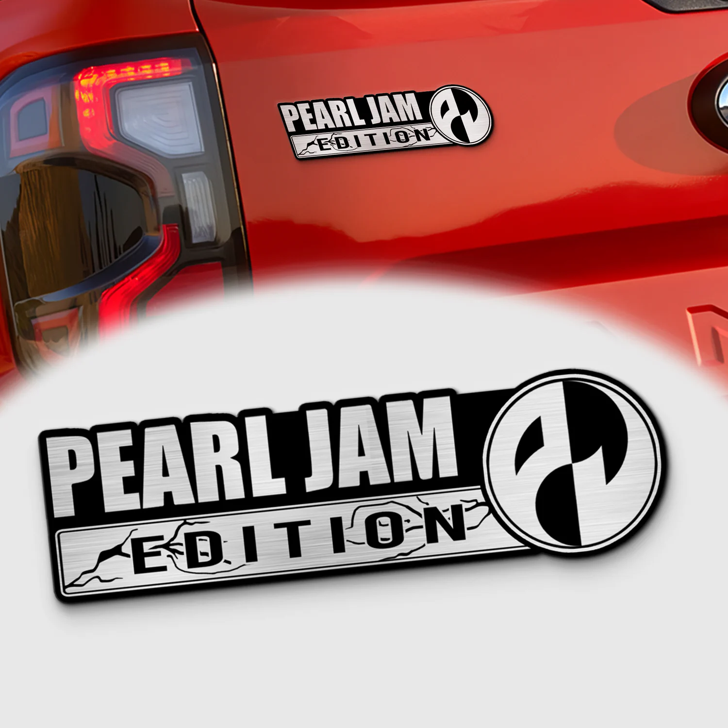 Pearl Jam Edition Laser Engraved Car Emblem Version 2, Brushed Metal Badge for Car Rear, Silver