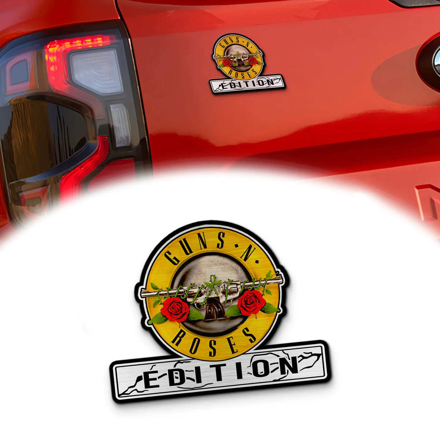 Guns N' Roses Edition Car Name Emblem Version 2, Brushed Metal Badge for Car Rear, Silver