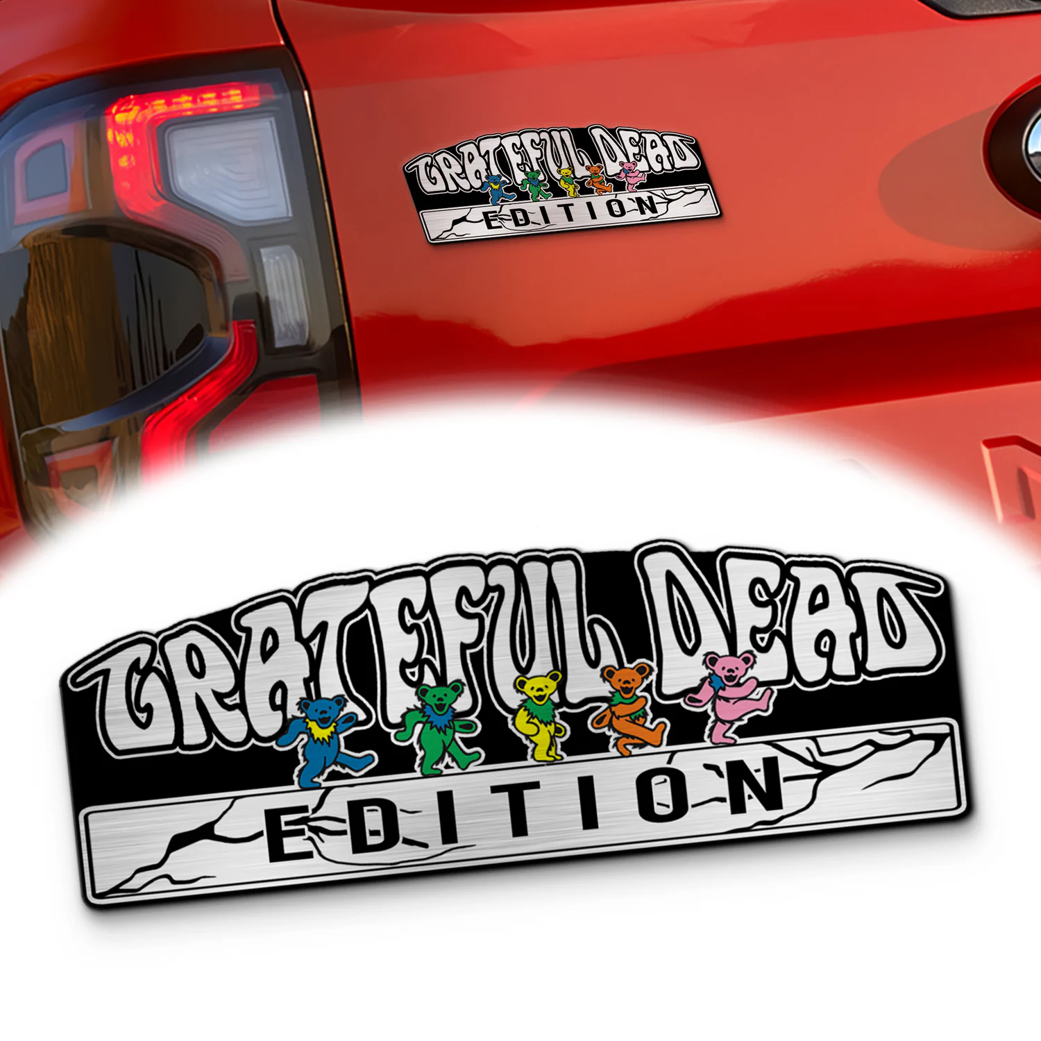 Grateful Dead Edition Laser Engraved Car Emblem Bears Version, Brushed Metal Badge for Car Rear, Silver