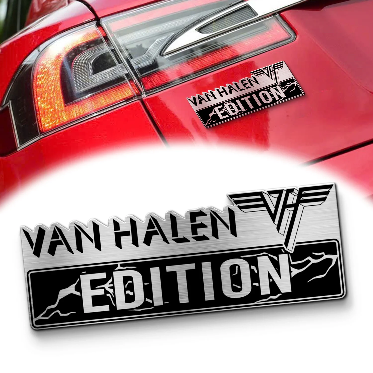 Van Halen Edition Laser Engraved Car Name Emblem, Brushed Metal Badge for Car Rear, Silver