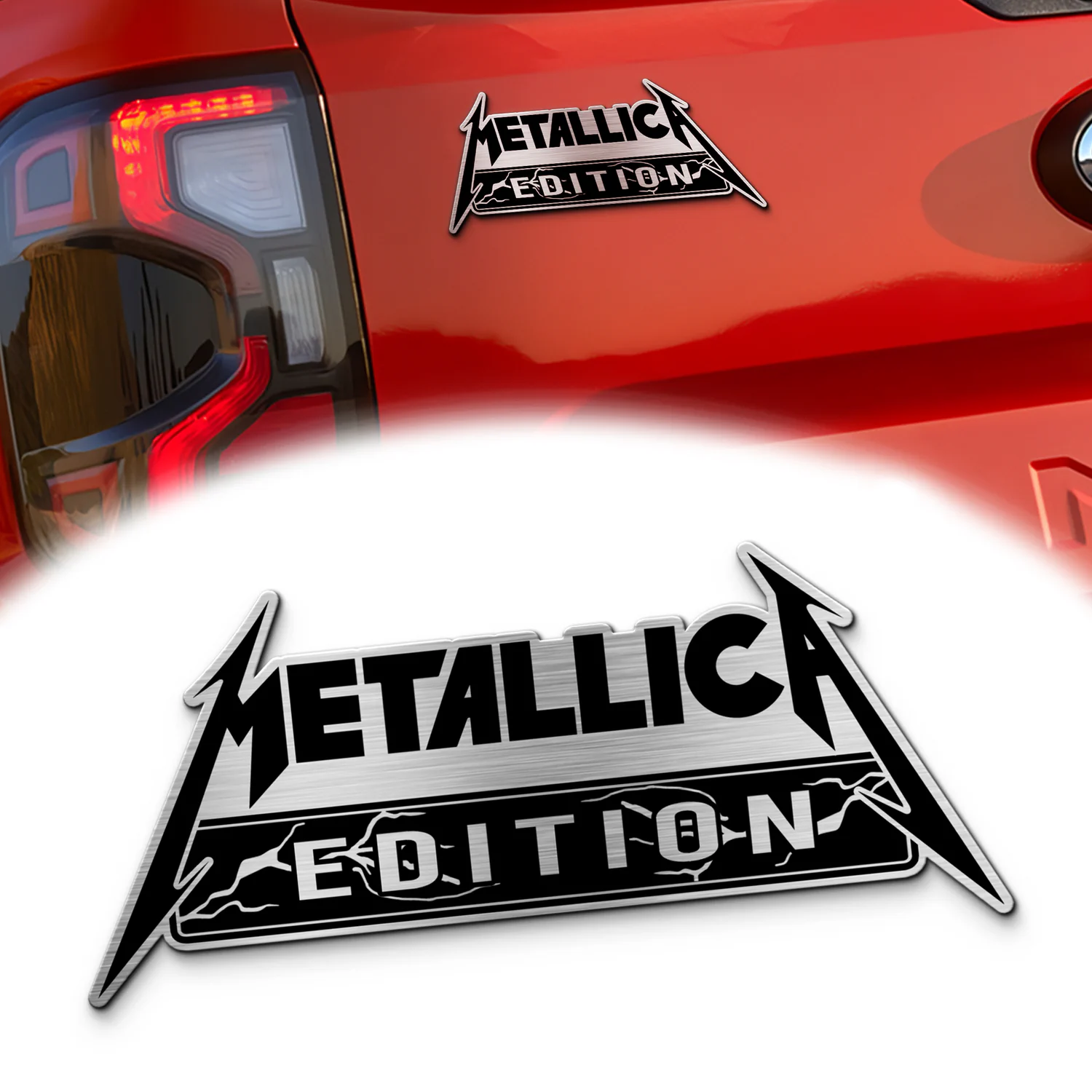Metallica Edition Car Name Emblem Version 2, Brushed Metal Badge for Car Rear, Silver