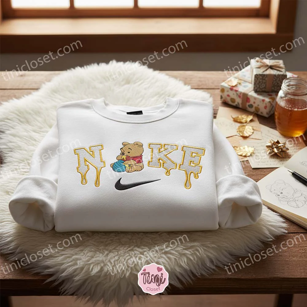 Winnie The Pooh Honey Embroidered Sweater, Disney Embroidered Crewneck, Cartoon Embroidered Shirt
