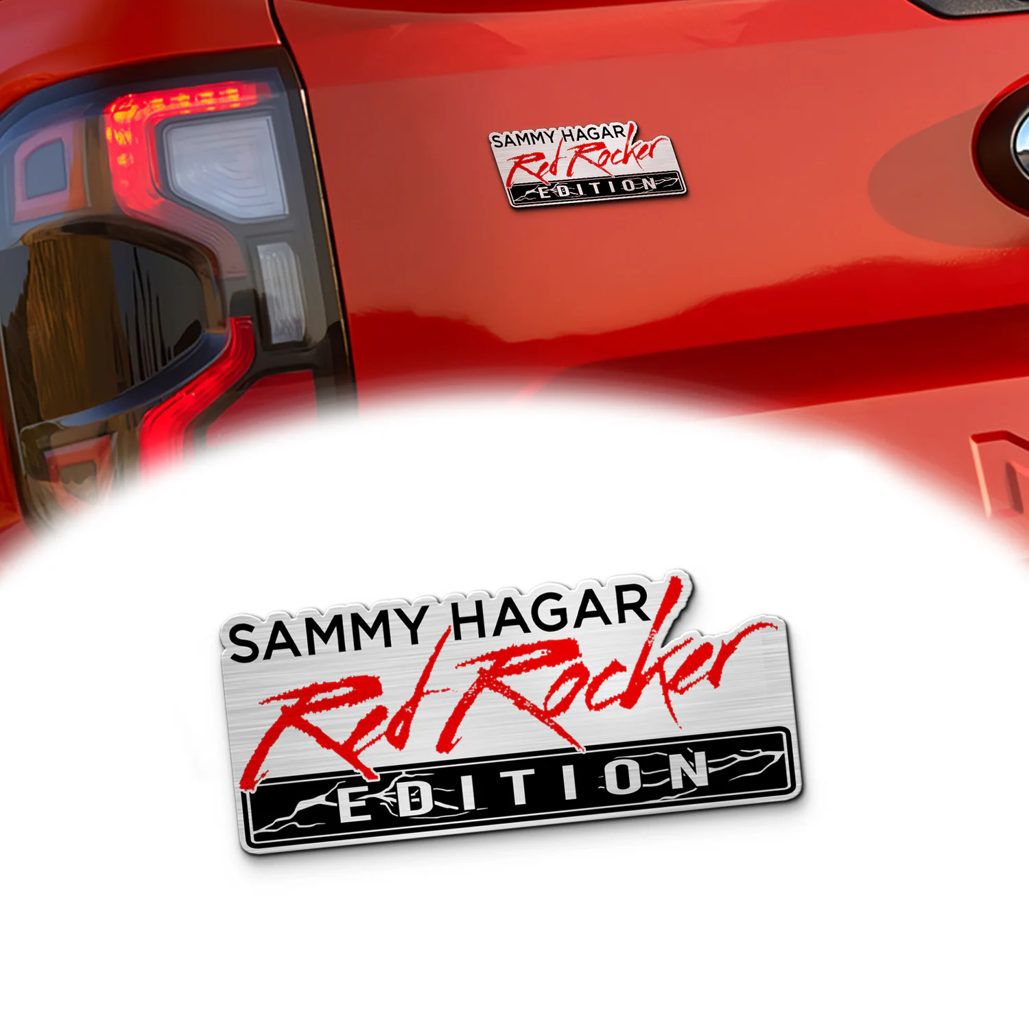 Sammy Hagar Red Rocker Edition Custom Car Emblem, Brushed Metal Badge with Red Script Lettering
