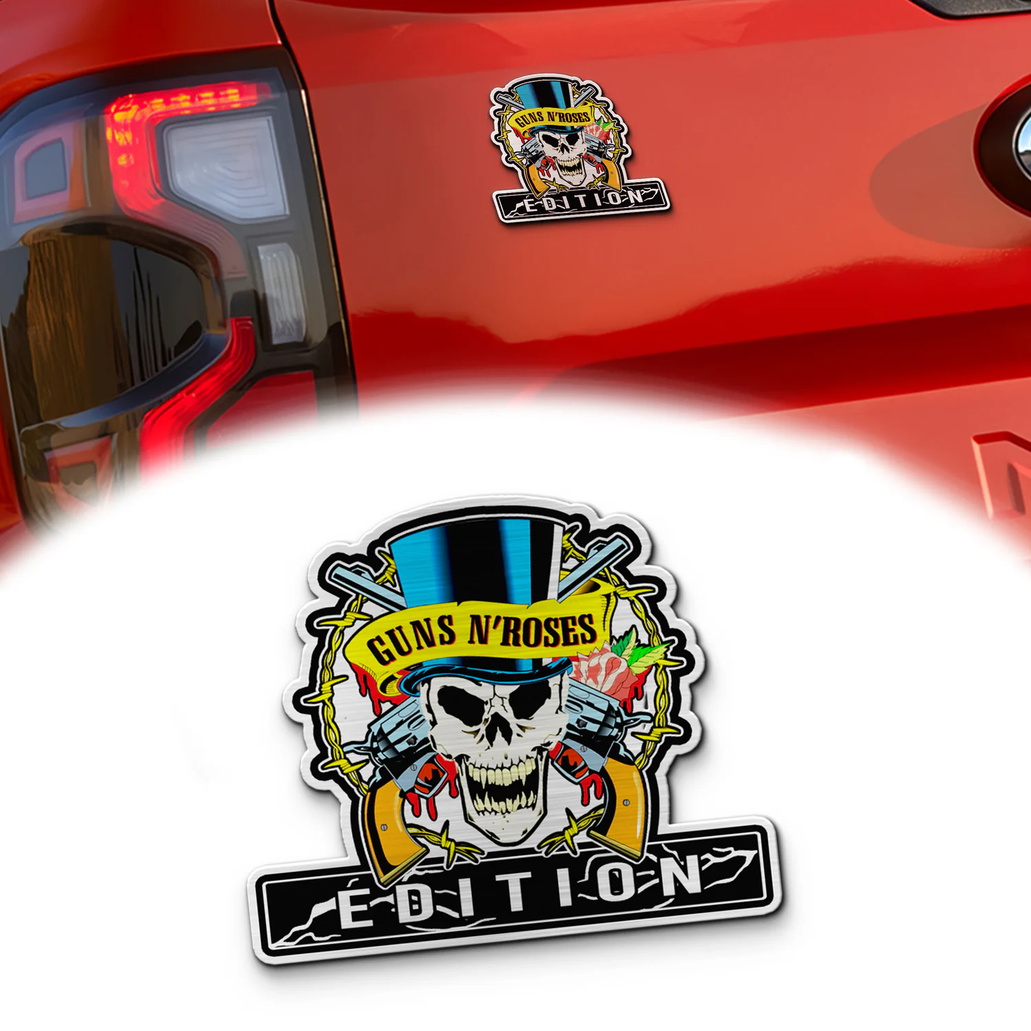 Guns N' Roses Skull Edition Car Name Emblem Version 4, Brushed Metal Badge for Car Rear, Silver