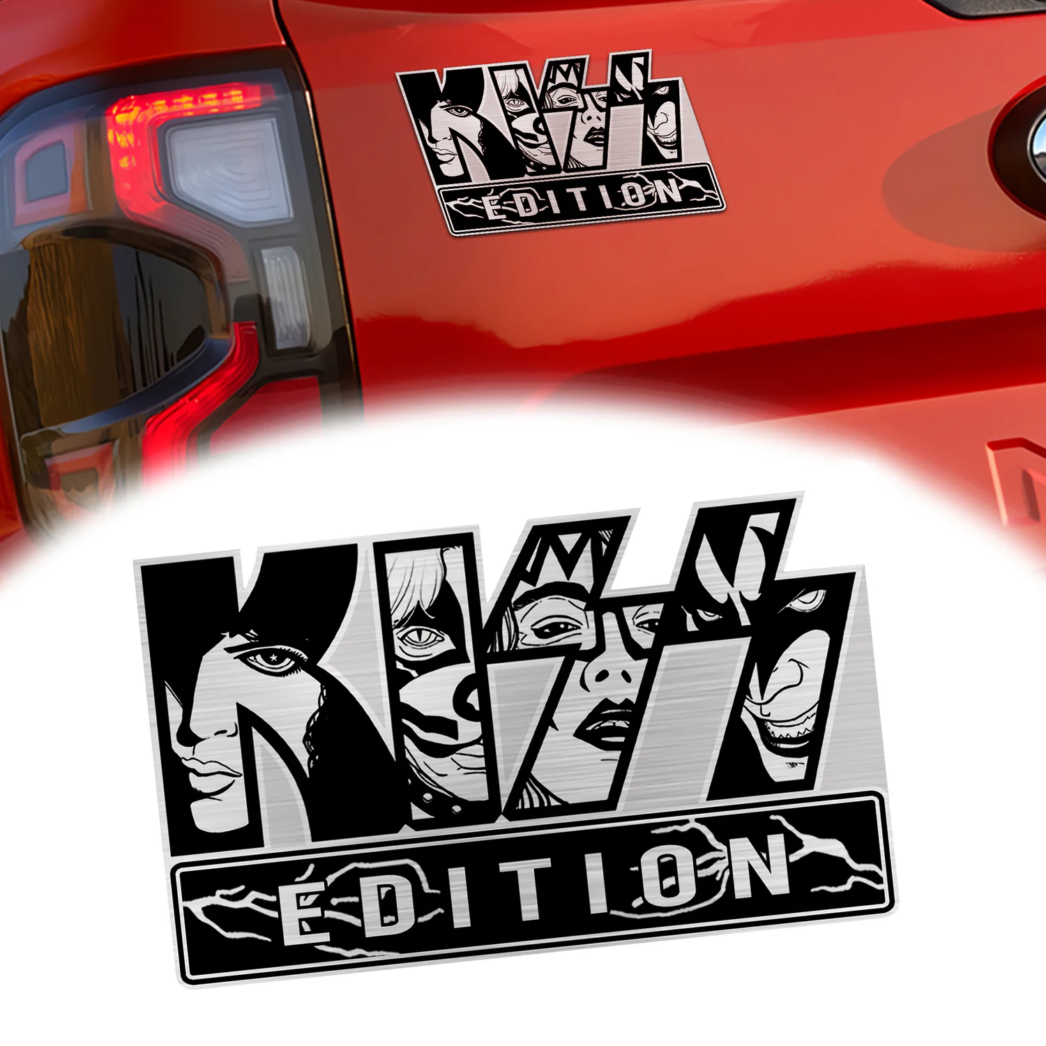 KISS Edition Laser Engraved Car Emblem Original Version, Brushed Metal Badge for Car Rear, Silver