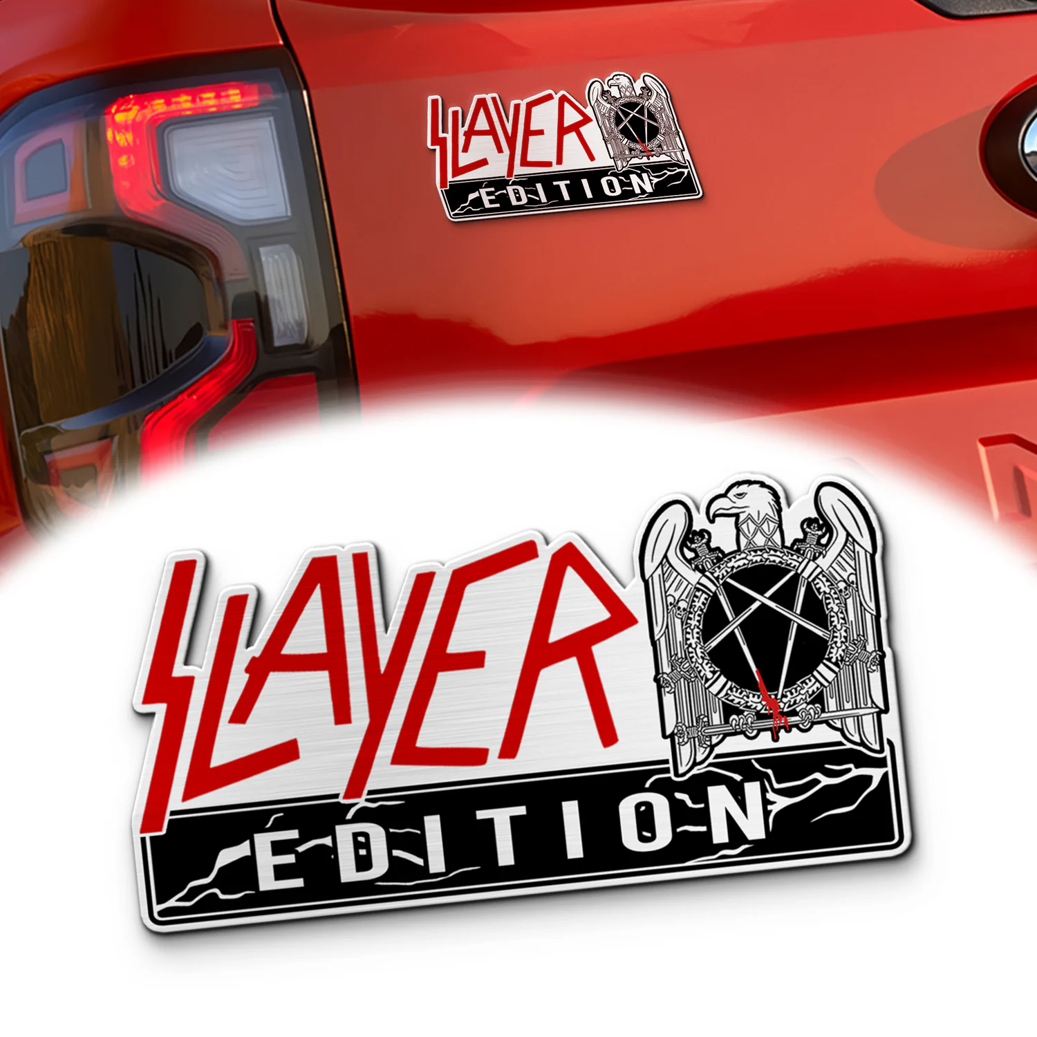 Slayer Edition Laser Engraved Car Emblem Version 2, Brushed Metal Badge for Car Rear, Silver