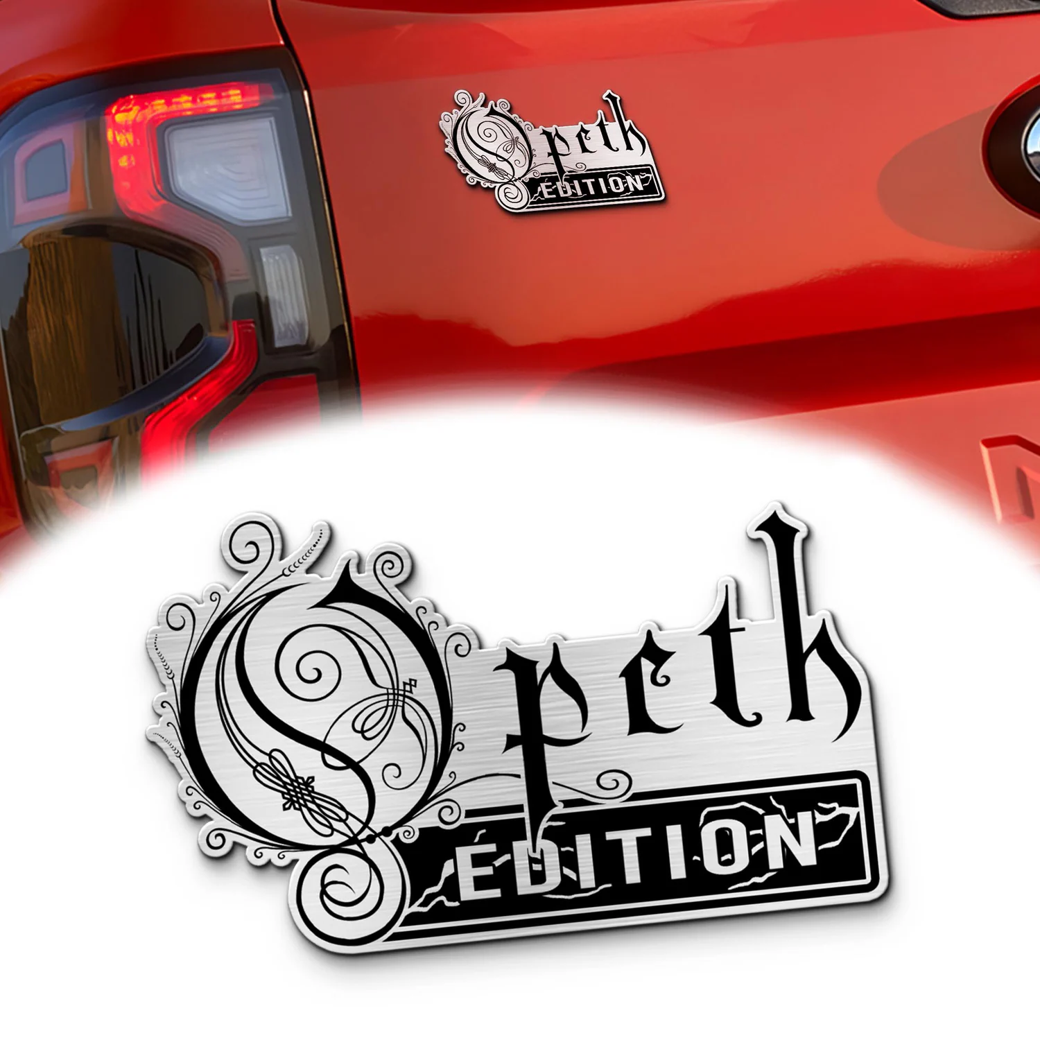 Opeth Edition Car Emblem, Brushed Metal Badge for Car Rear, Silver
