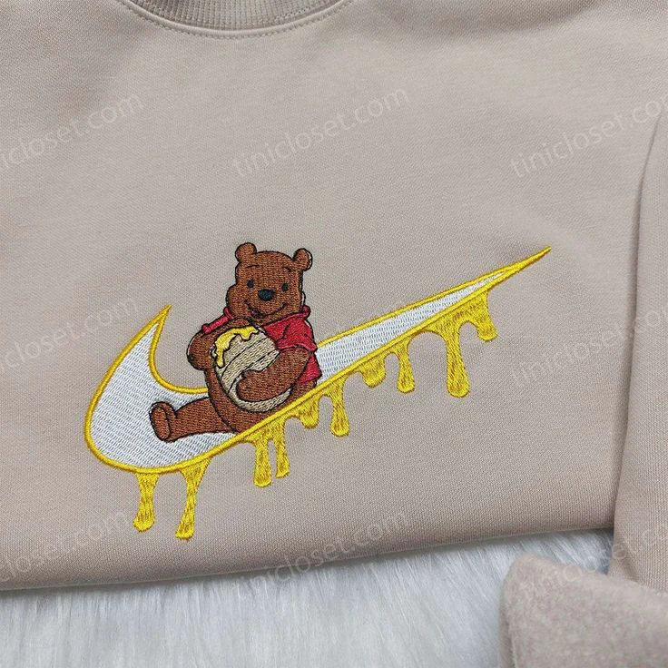 Winnie The Pooh Bear Eating Honey Embroidered Sweatshirt, Pooh Bear Honey Drip Swoosh Hoodie, Disney Custom Shirt