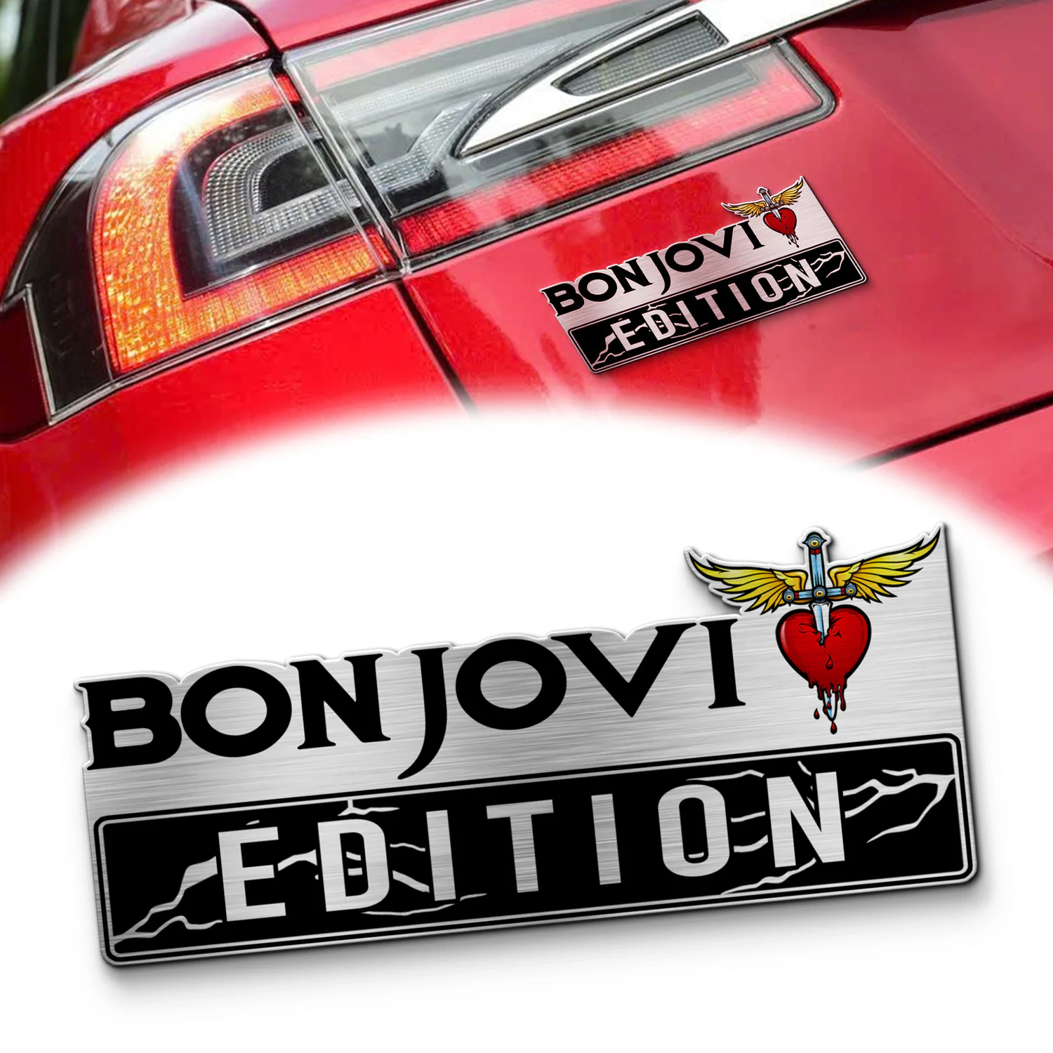 Bon Jovi Edition Laser Engraved Car Name Emblem, Brushed Metal Badge for Car Rear, Silver