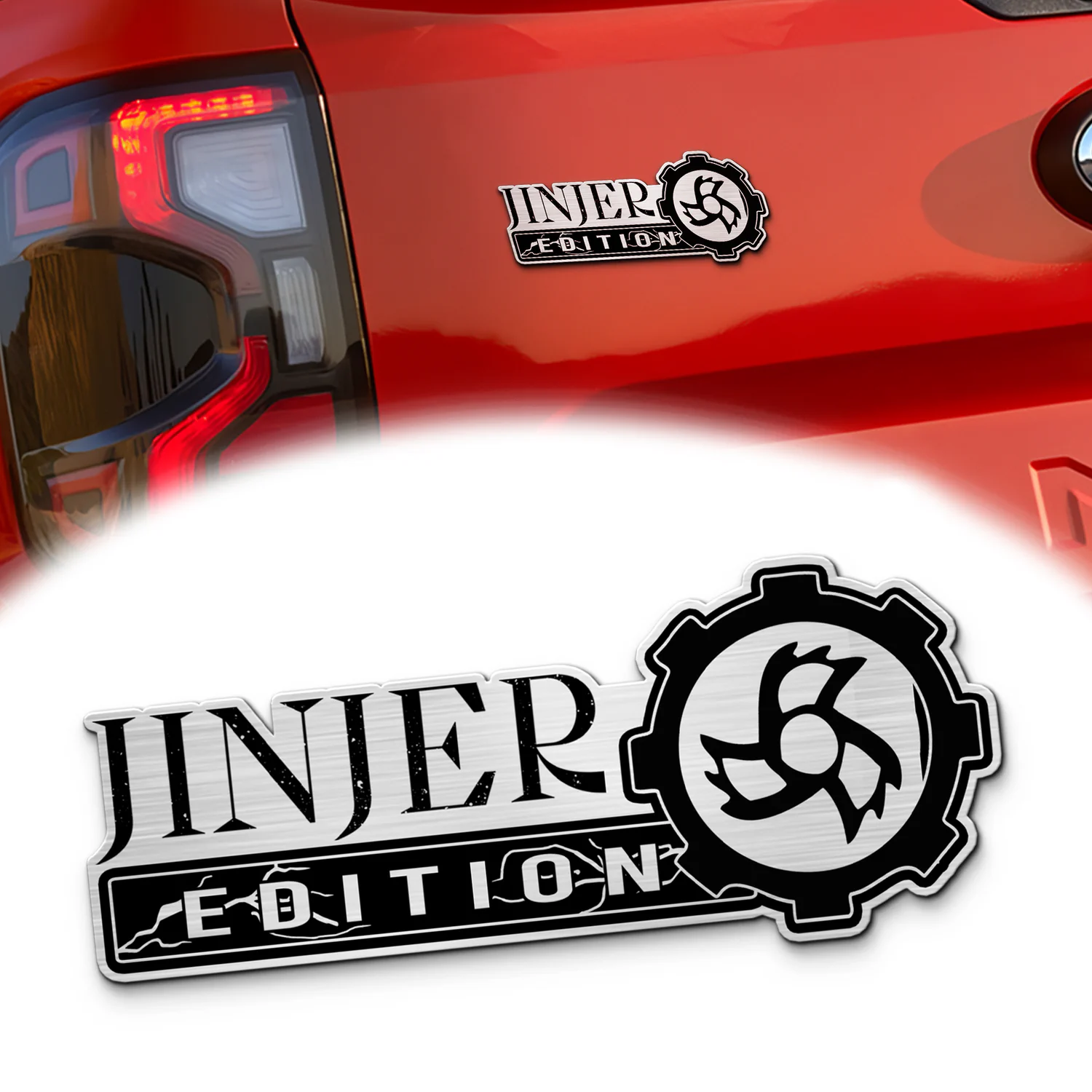 Jinjer Edition Custom Car Emblem Version 2, Brushed Metal Badge for Car Rear, Silver