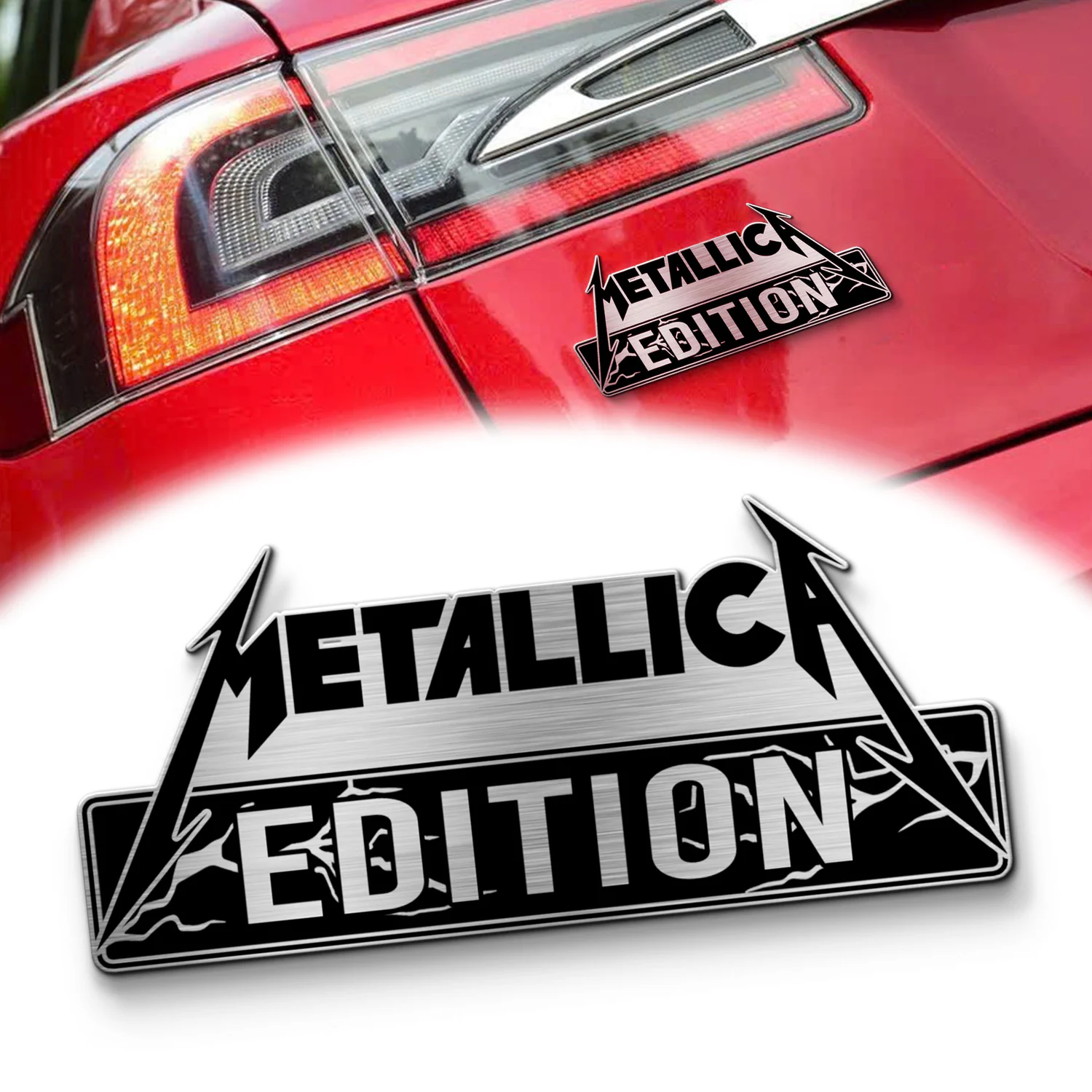 Metallica Edition Laser Engraved Car Name Emblem Version 1, Brushed Metal Badge for Car Rear, Silver