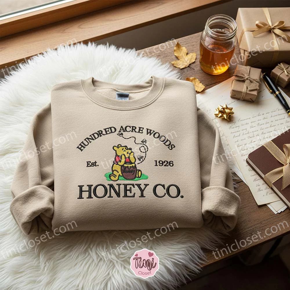 Winnie Pooh Embroidered Crewneck, Disney Characters Embroidered Sweater, Cartoon Embroidered Tee