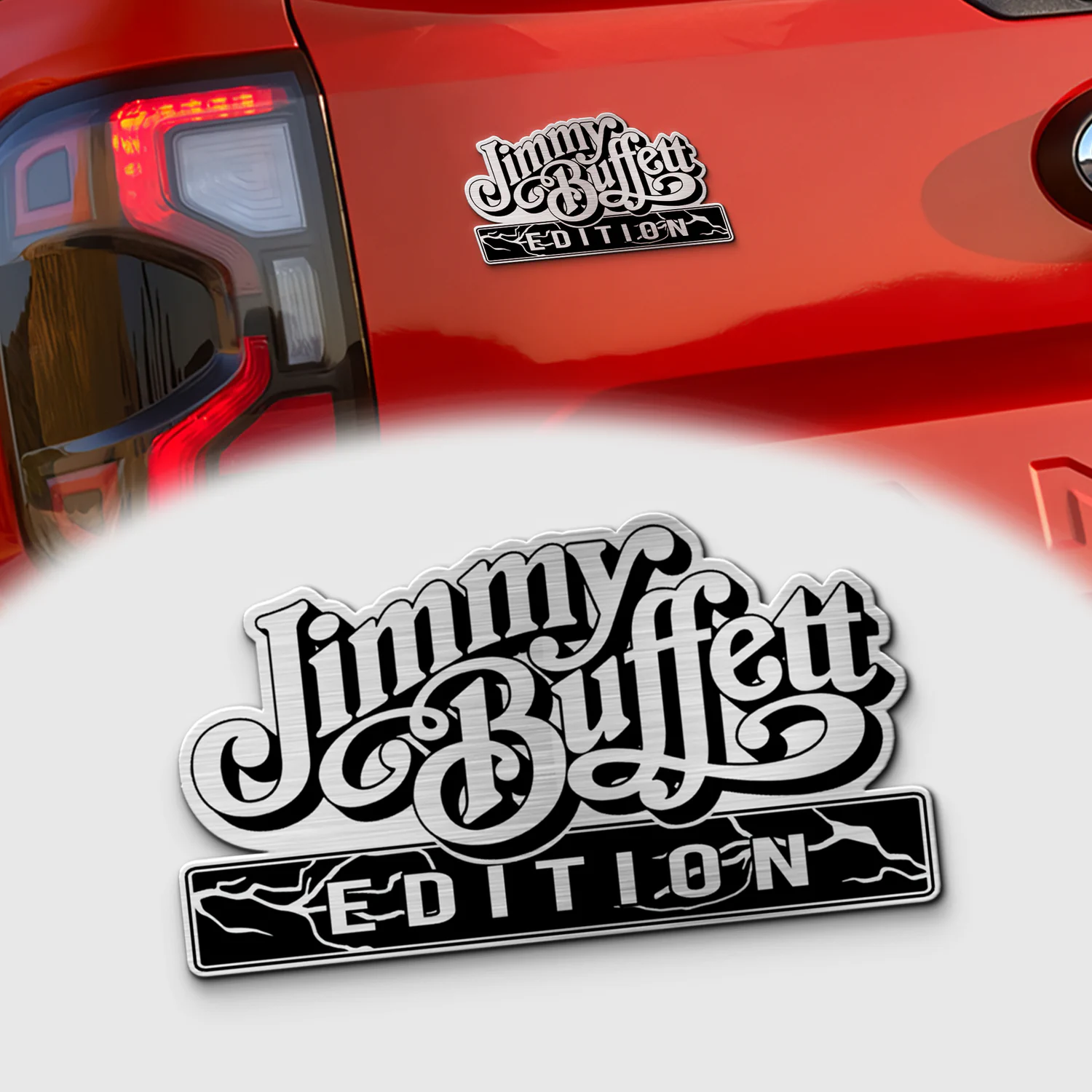 Jimmy Buffett Edition Laser Engraved Car Emblem, Brushed Metal Badge for Car Rear, Silver