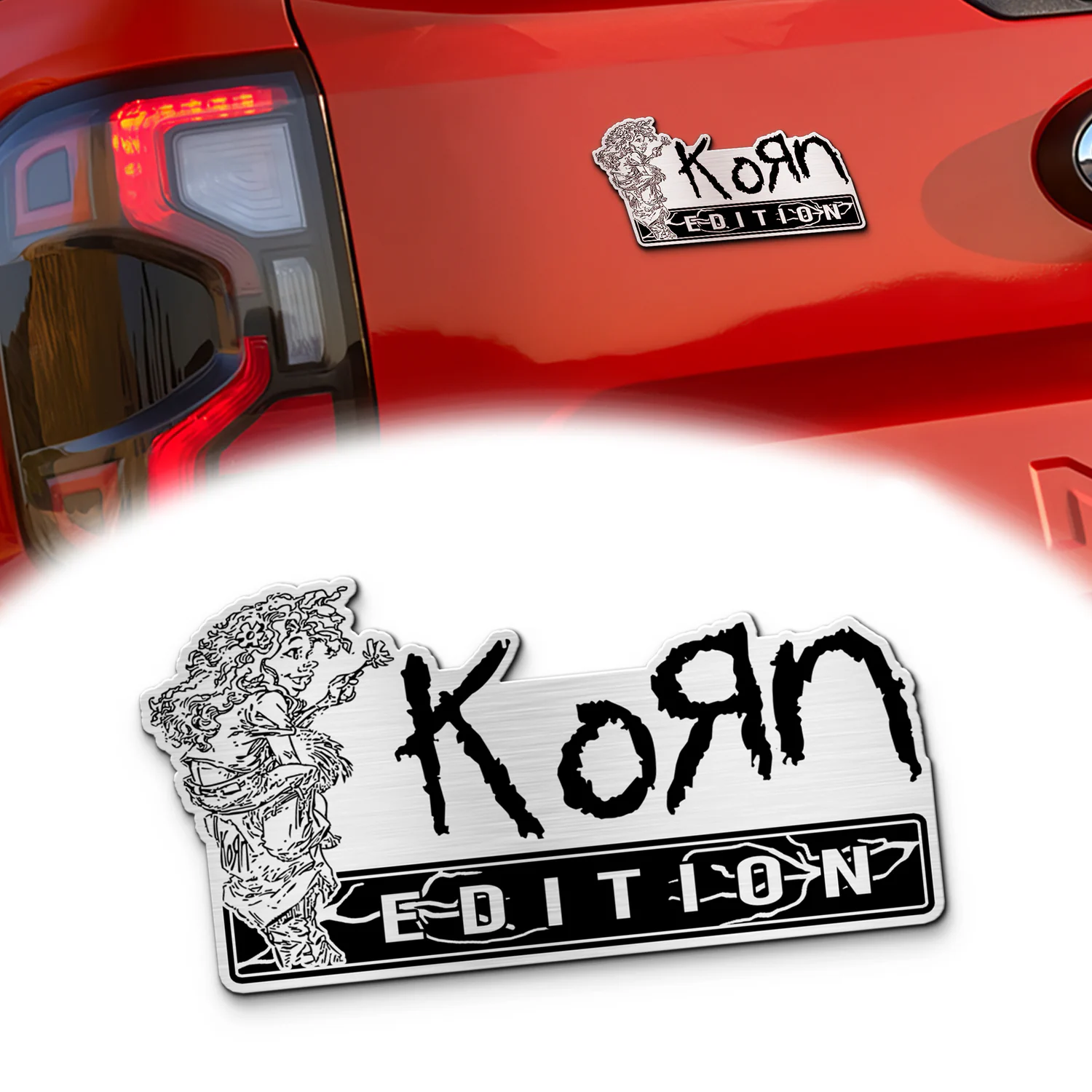 Korn Edition Car Emblem, Brushed Metal Badge for Car Rear, Silver