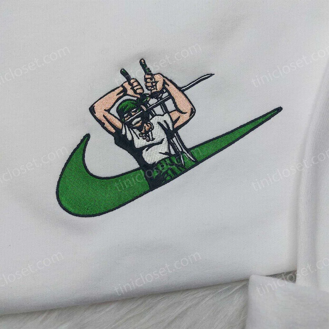 Zoro One Piece Nike Swoosh Shirt, One Piece Nike Sweatshirt, Anime Embroidered Hoodie