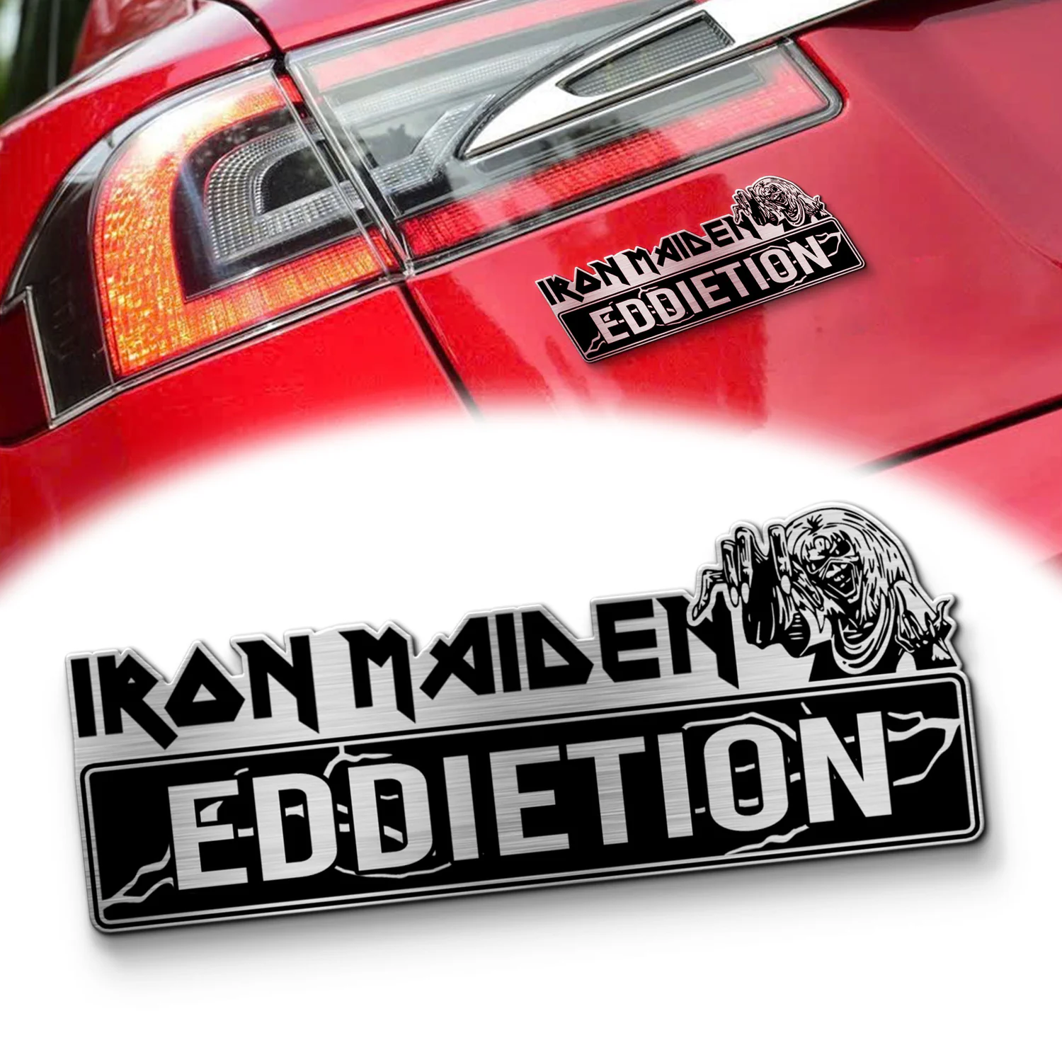 Iron Maiden EDDIETION Laser Engraved Car Name Emblem, Brushed Metal Badge for Car Rear, Silver