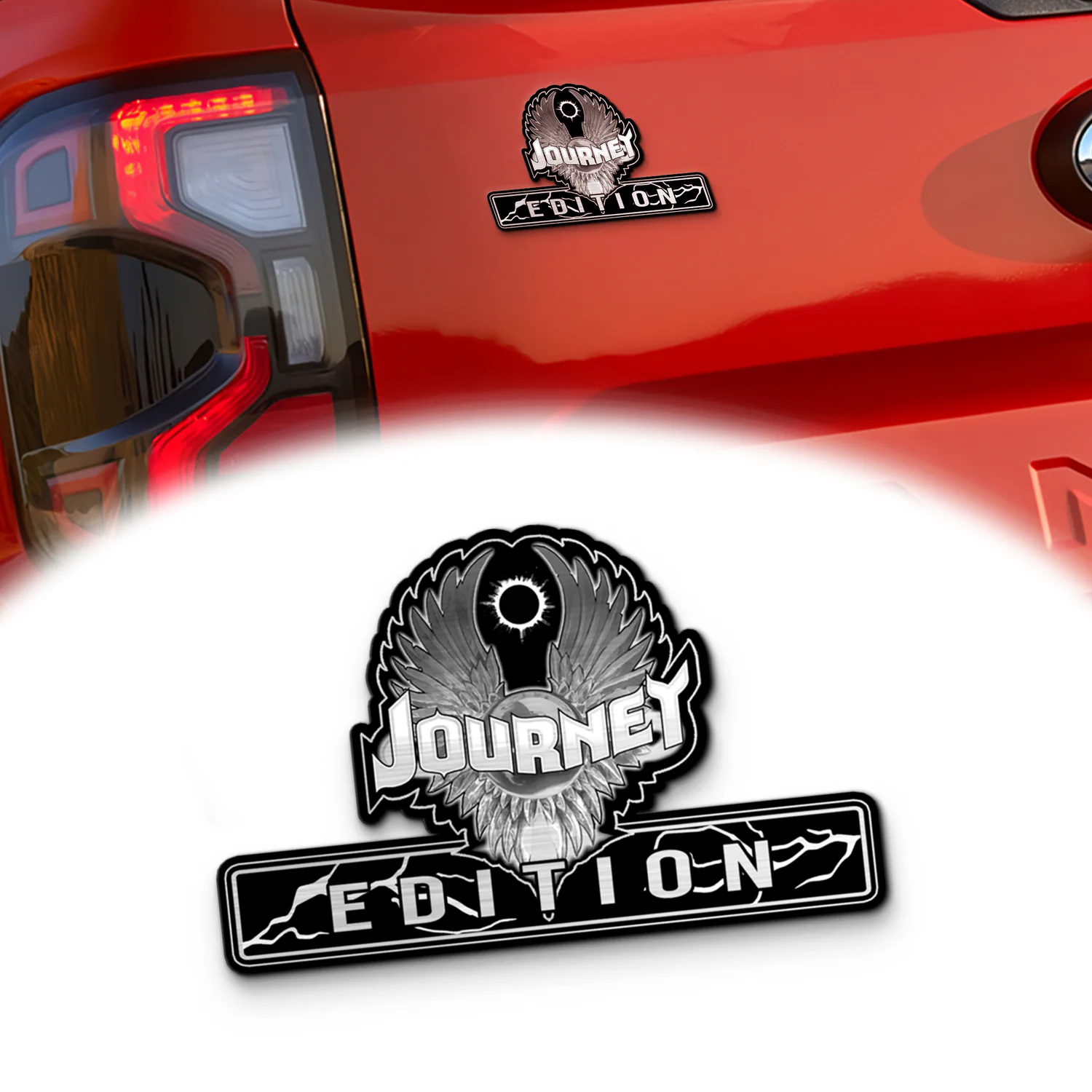 Journey Edition Laser Engraved Car Emblem Version 3, Brushed Metal Badge for Car Rear, Silver