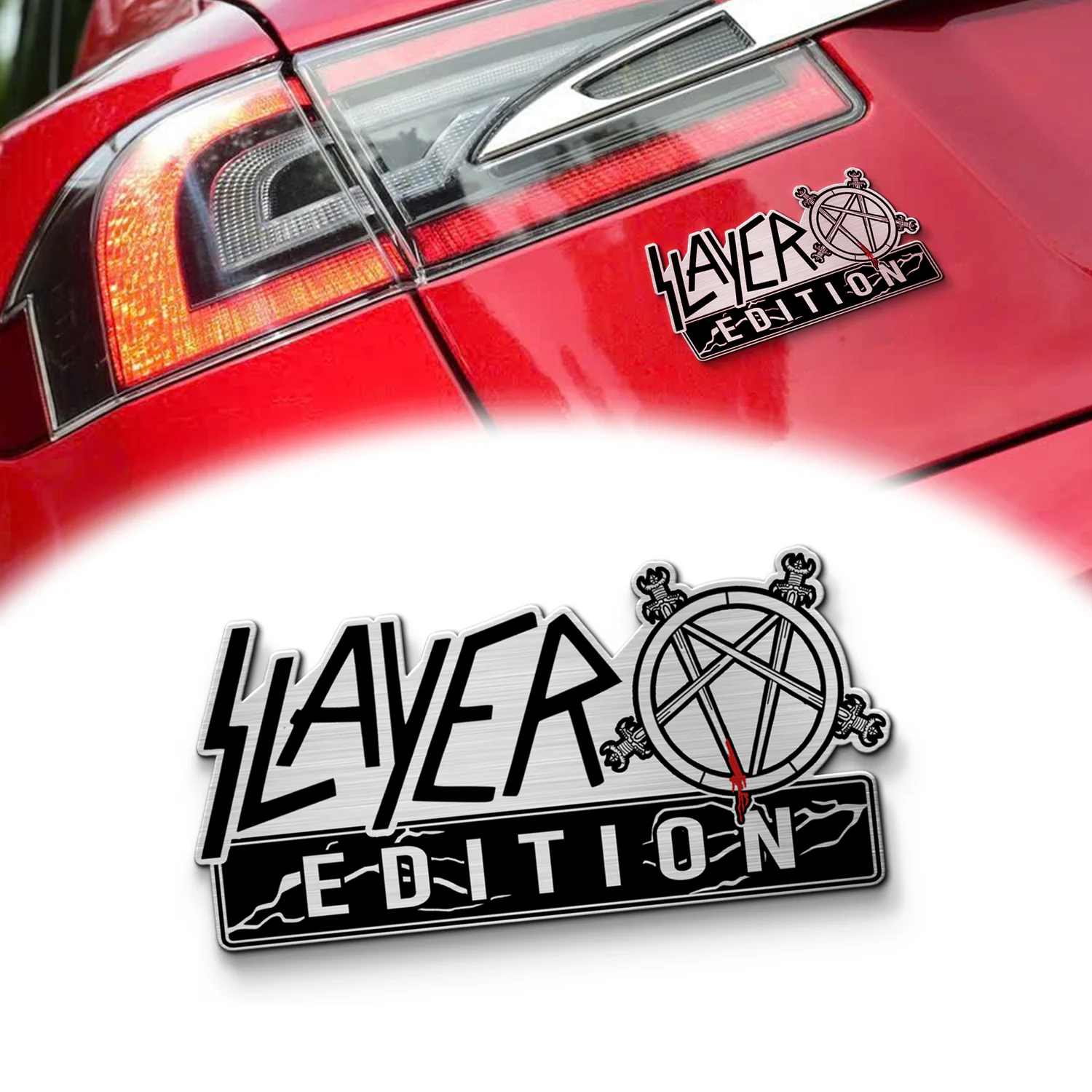 Slayer Edition Laser Engraved Car Emblem, Brushed Metal Badge for Car Rear, Silver