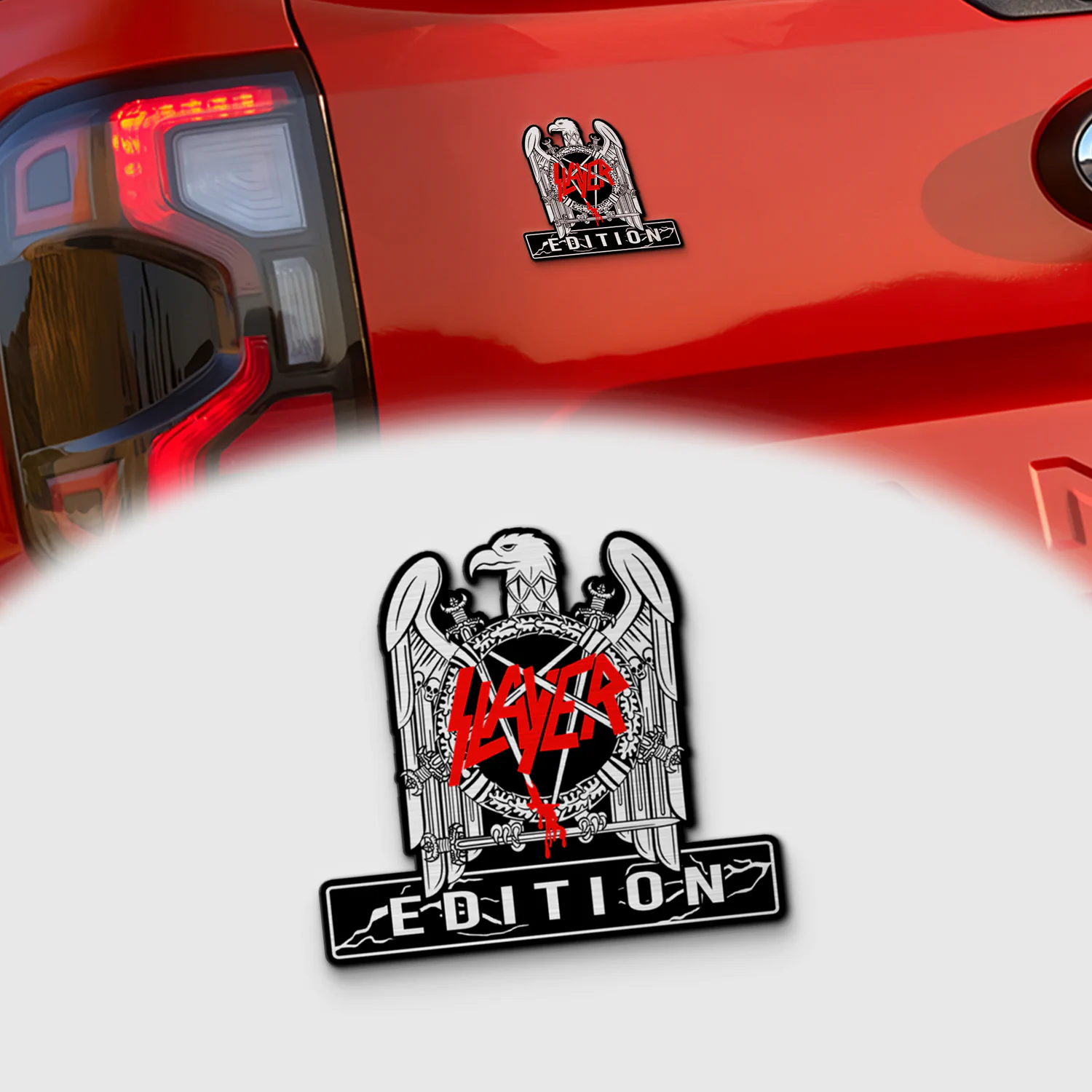 Slayer Edition Laser Engraved Car Emblem Version 3, Brushed Metal Badge for Car Rear, Silver